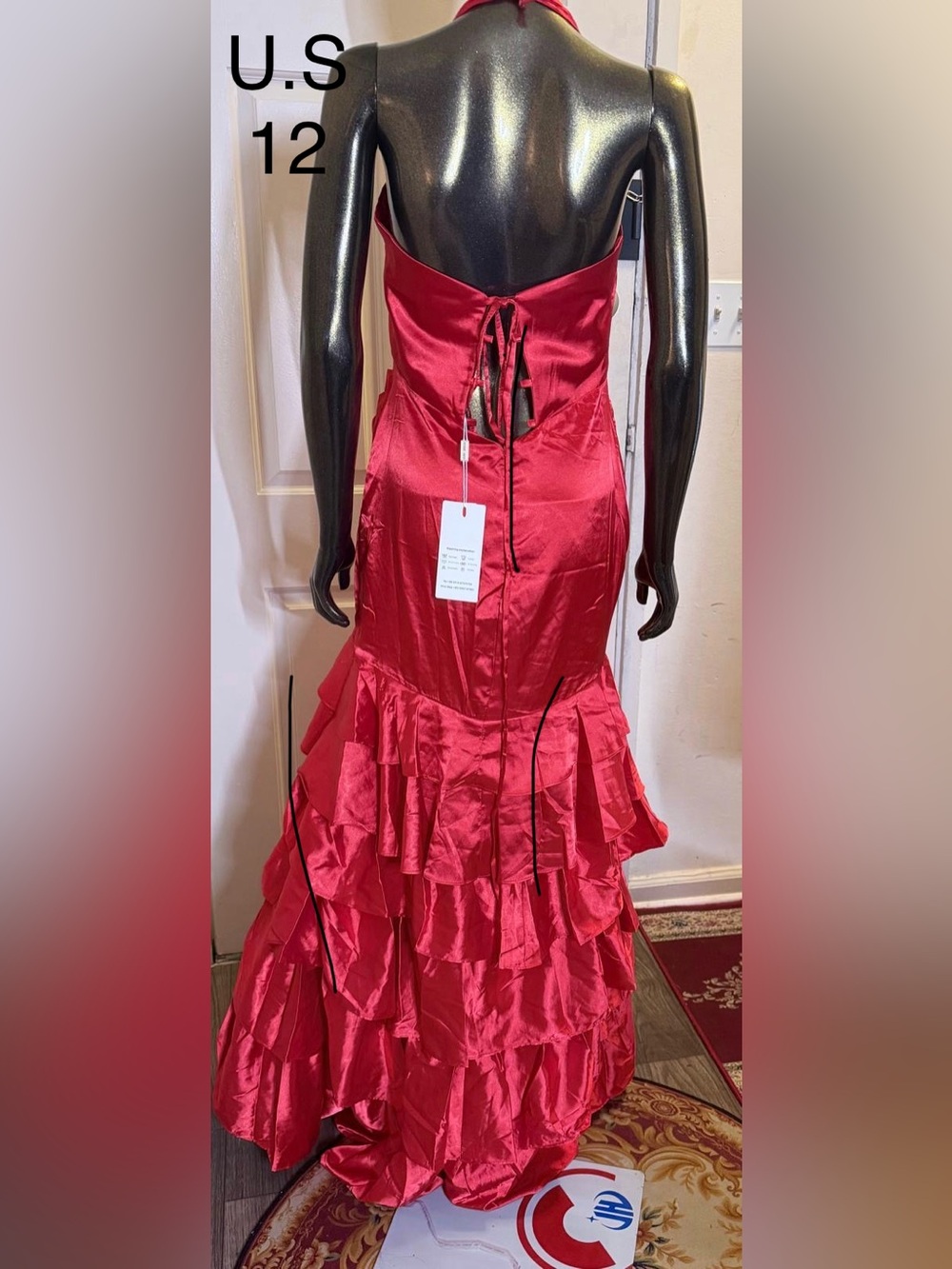 Red Tiered Satin Evening Dress